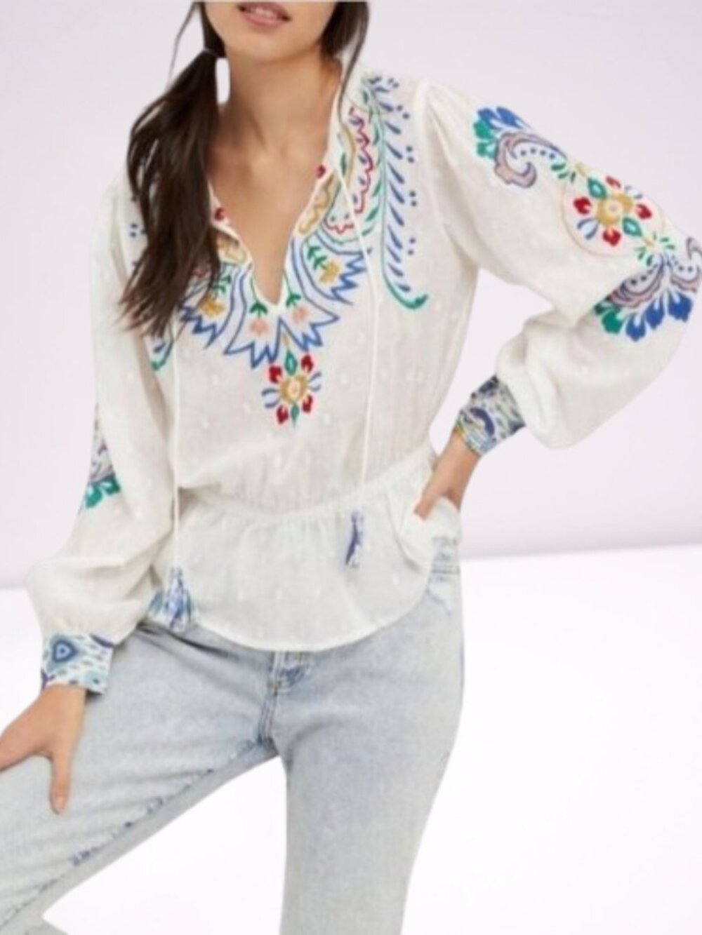 Forever That Girl NWOT Embroidered Peplum Boho Folk Blouse Size XL